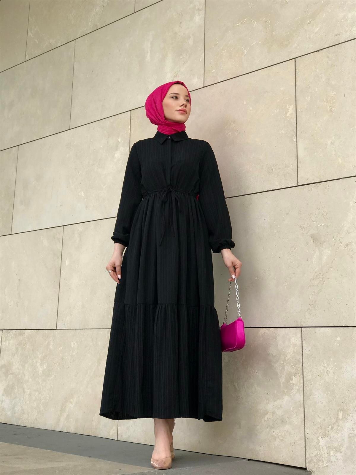 Beli Bağcıklı Gömlek Yaka Merven Elbise Siyah