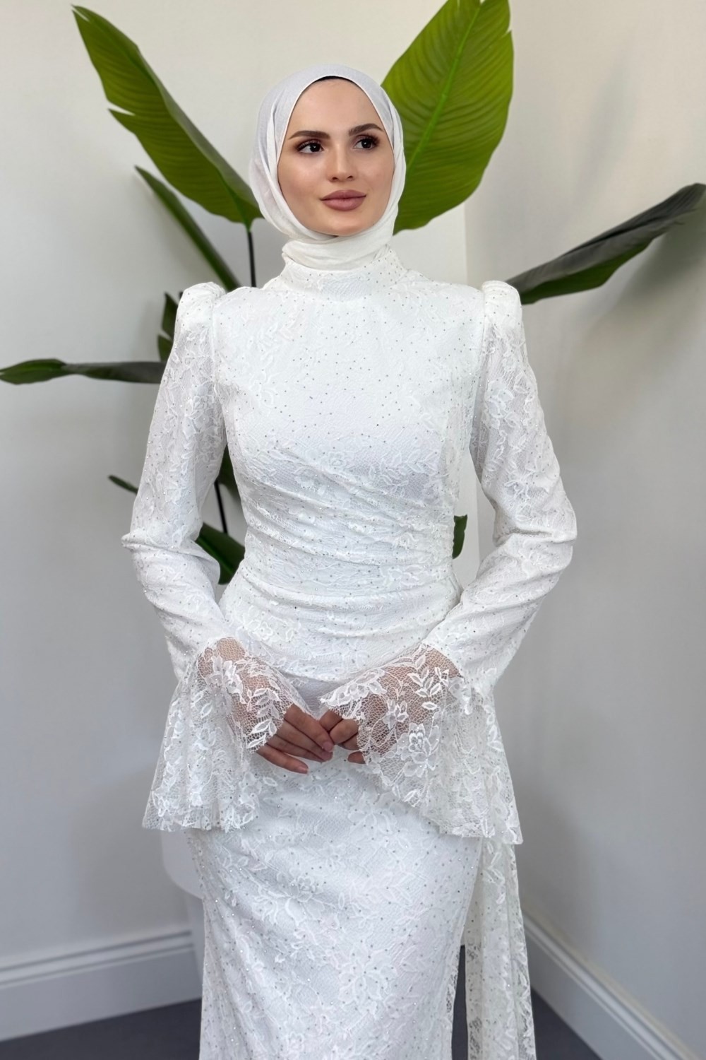 Brielle Taşlı Dantelli Abiye Beyaz