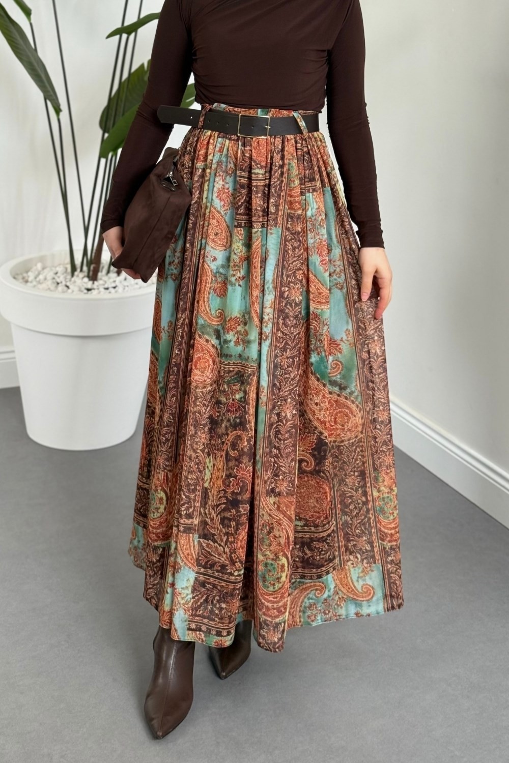 Caroline Etnik Desen Etek Camel