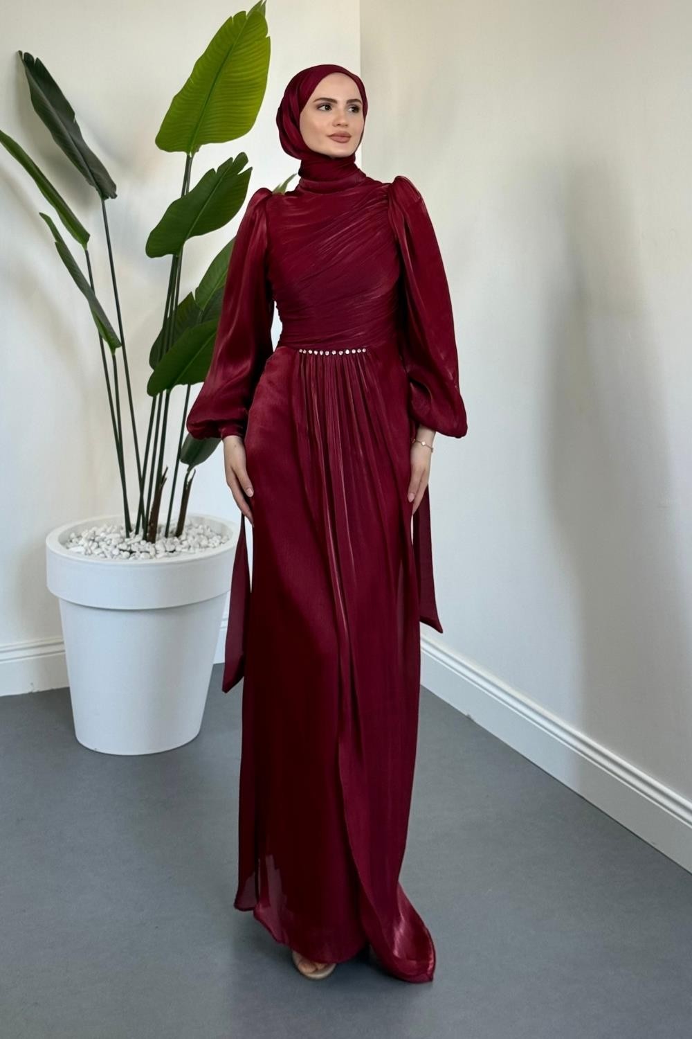 Cleane Beli Taşlı Ja Jan Abiye Bordo