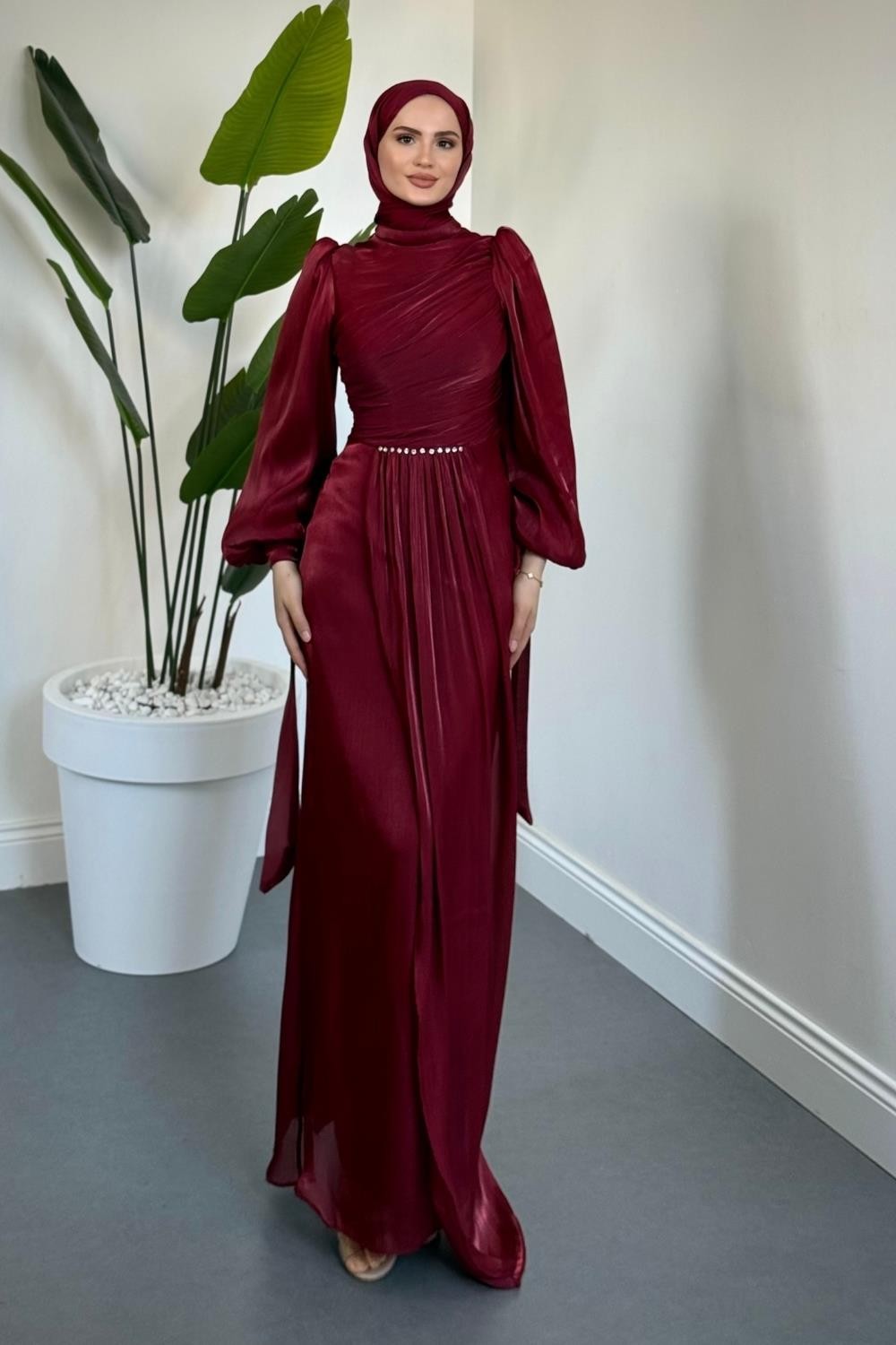 Cleane Beli Taşlı Ja Jan Abiye Bordo