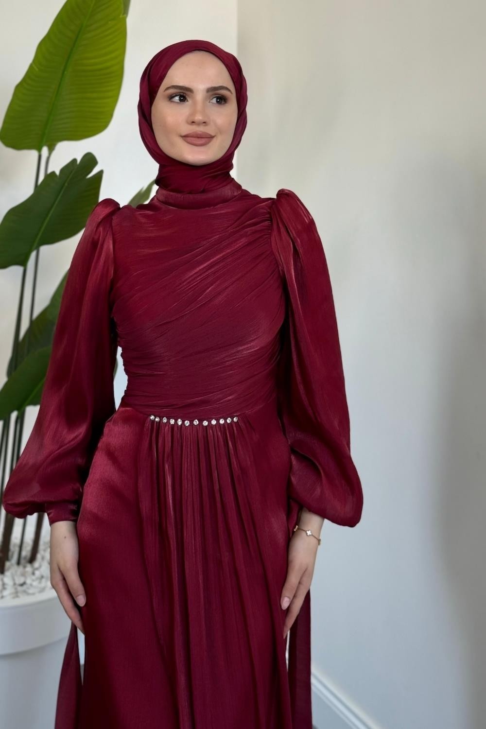 Cleane Beli Taşlı Ja Jan Abiye Bordo