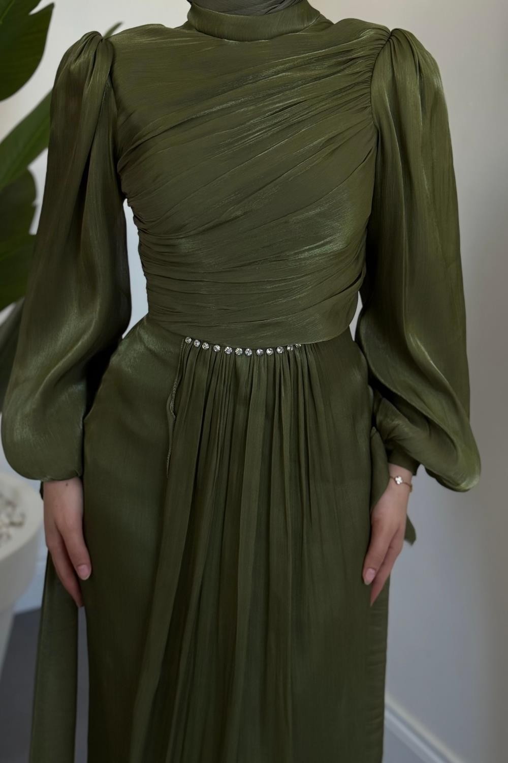 Cleane Beli Taşlı Ja Jan Abiye Haki