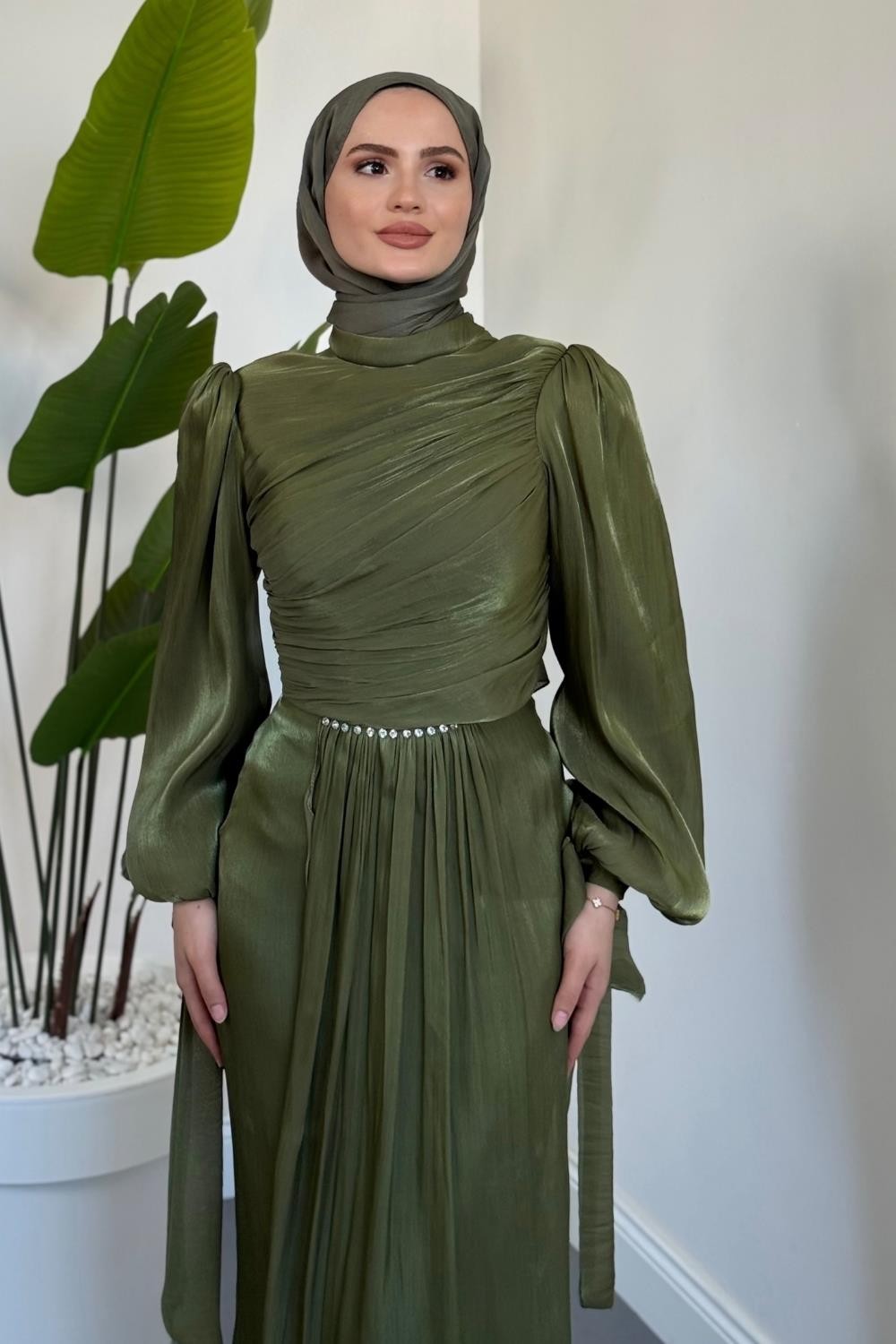 Cleane Beli Taşlı Ja Jan Abiye Haki