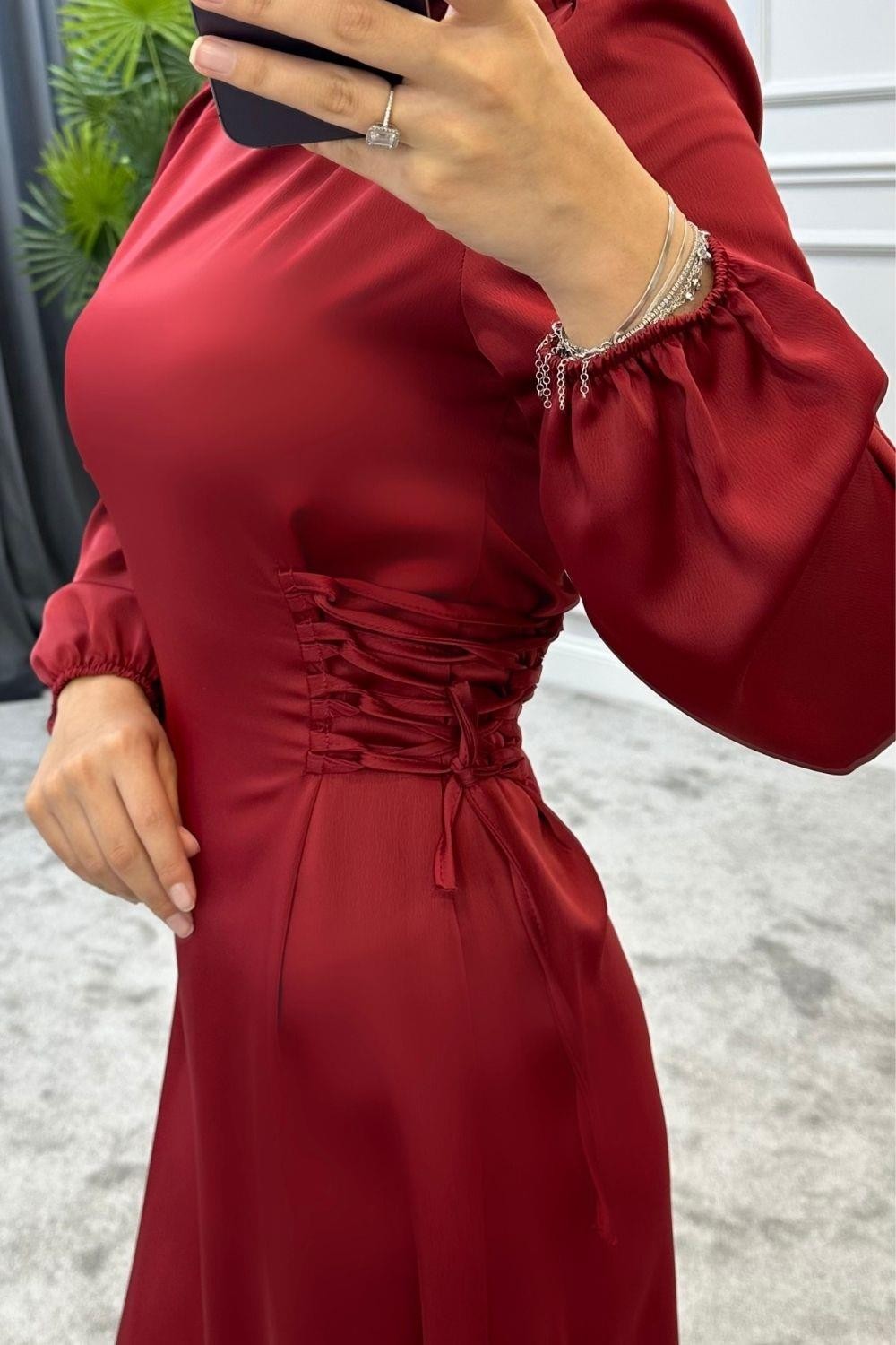 Elenor Belden Bağlamalı Saten Tesettür Elbise Bordo