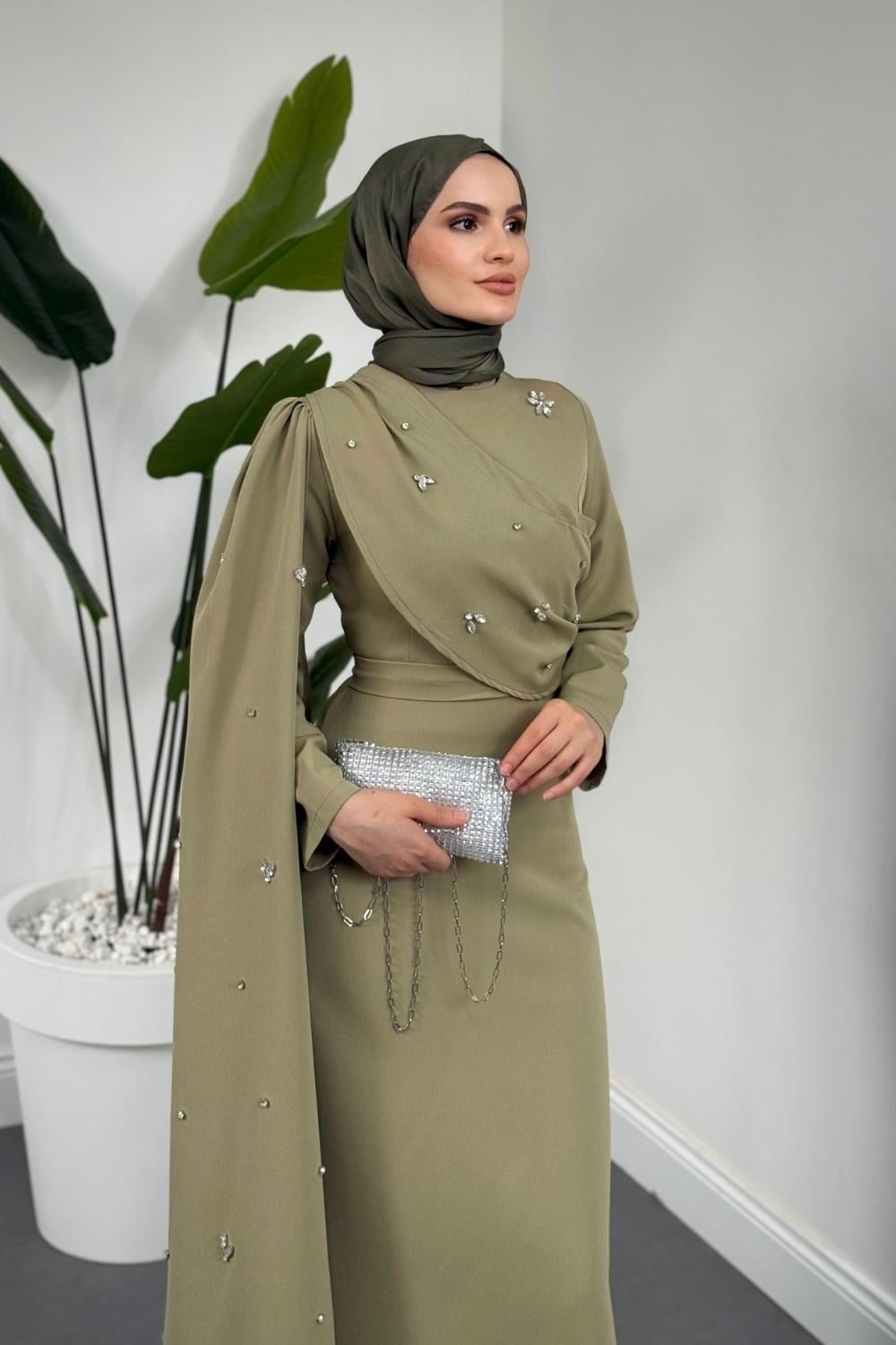 Elysia Pelerinli Taşlı Abiye Çağla Yeşili