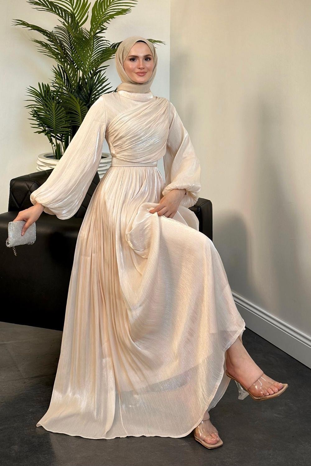 Erba Drape Detay Abiye Krem