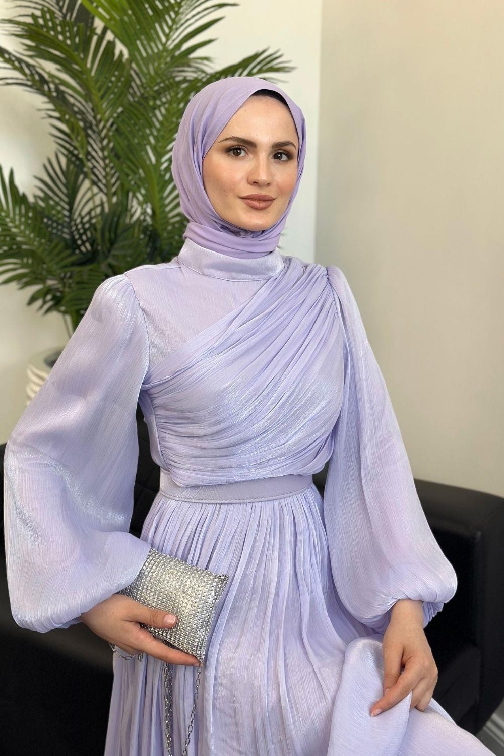 Erba Drape Detay Abiye Lila