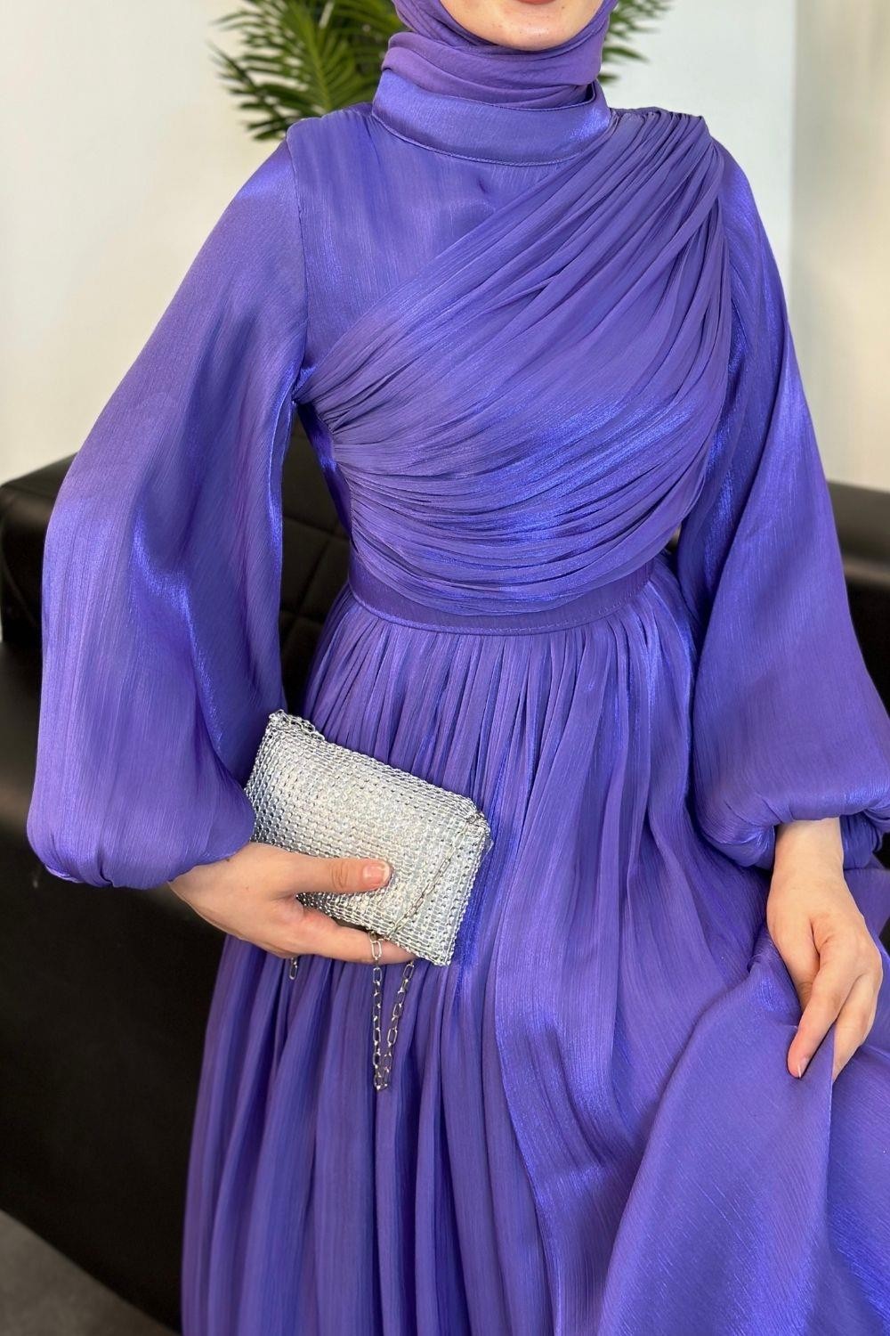 Erba Drape Detay Abiye Mor