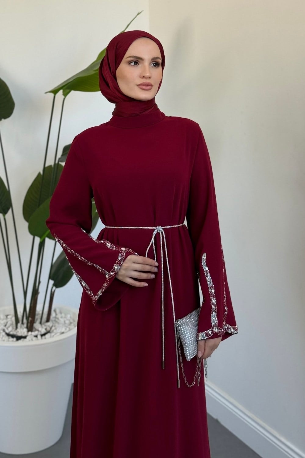 Felmira İspanyol Kol Taşlı Abiye Bordo