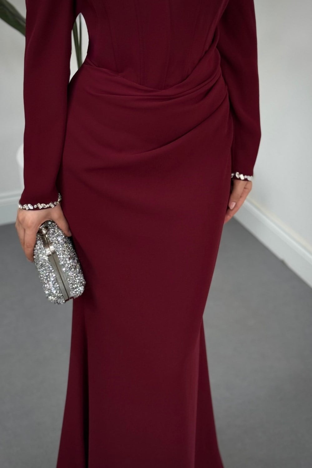 Firella Drapeli Taşlı Balık Abiye Bordo 
