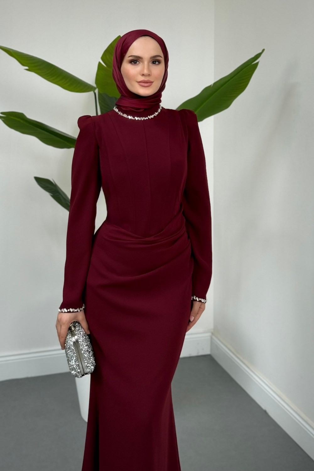 Firella Drapeli Taşlı Balık Abiye Bordo 