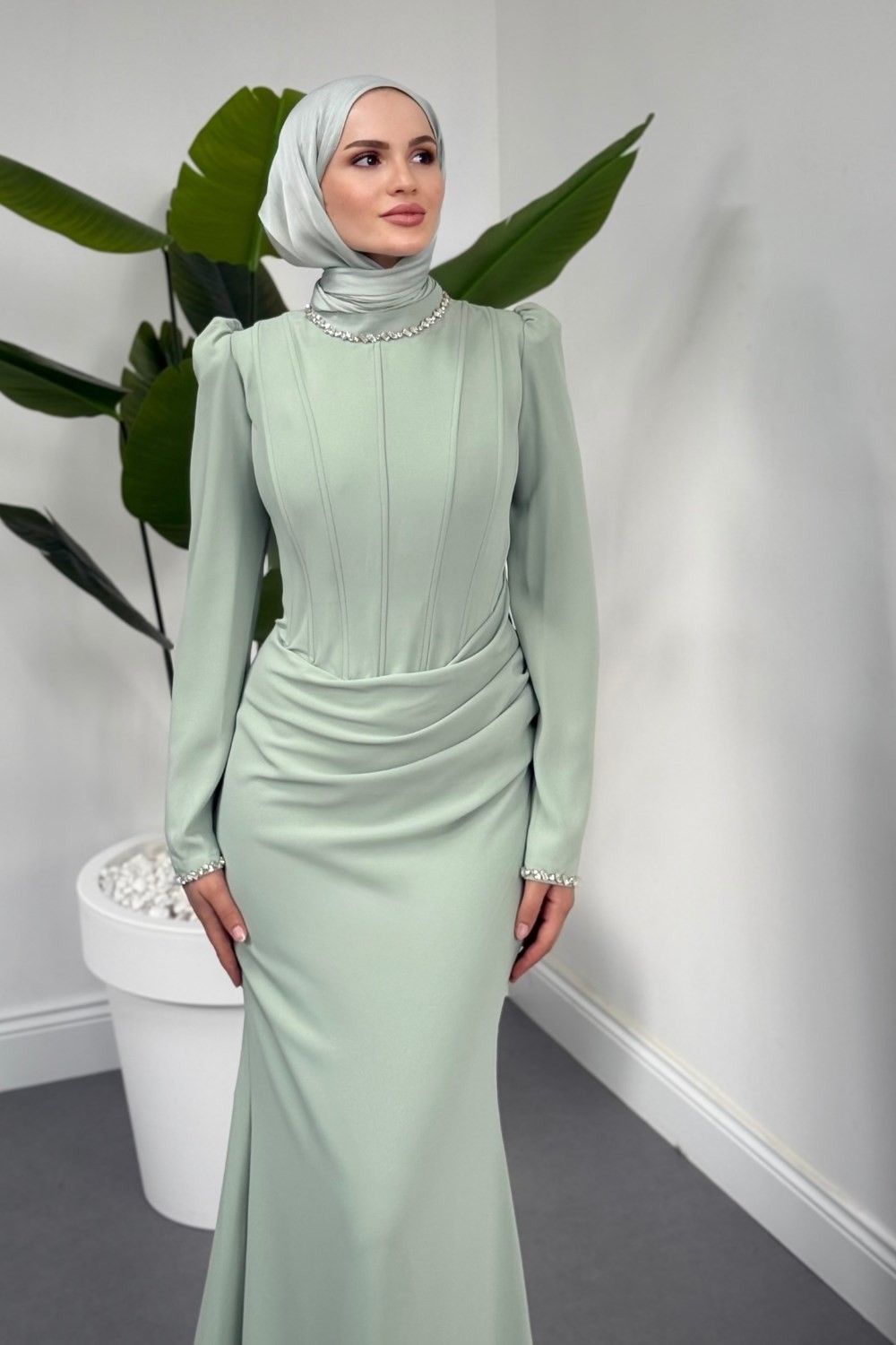 Firella Drapeli Taşlı Balık Abiye Mint