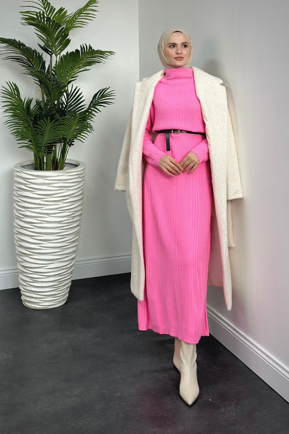 Fitilli Triko Elbise Pembe