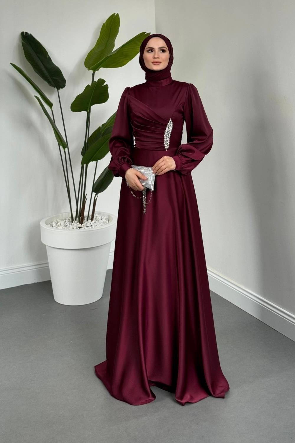 Florentine Taşlı Saten Abiye Mürdüm