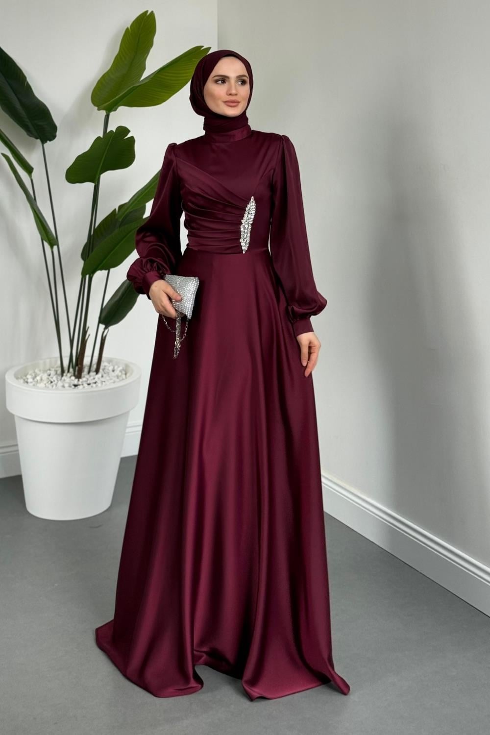 Florentine Taşlı Saten Abiye Mürdüm