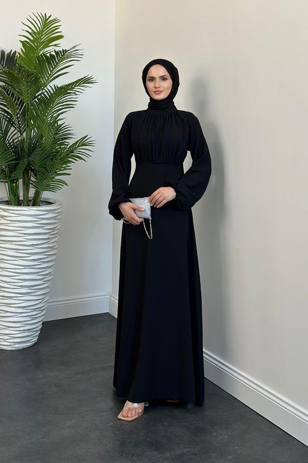 Frencesca Üstü Drape Kloş Krep Elbise Siyah