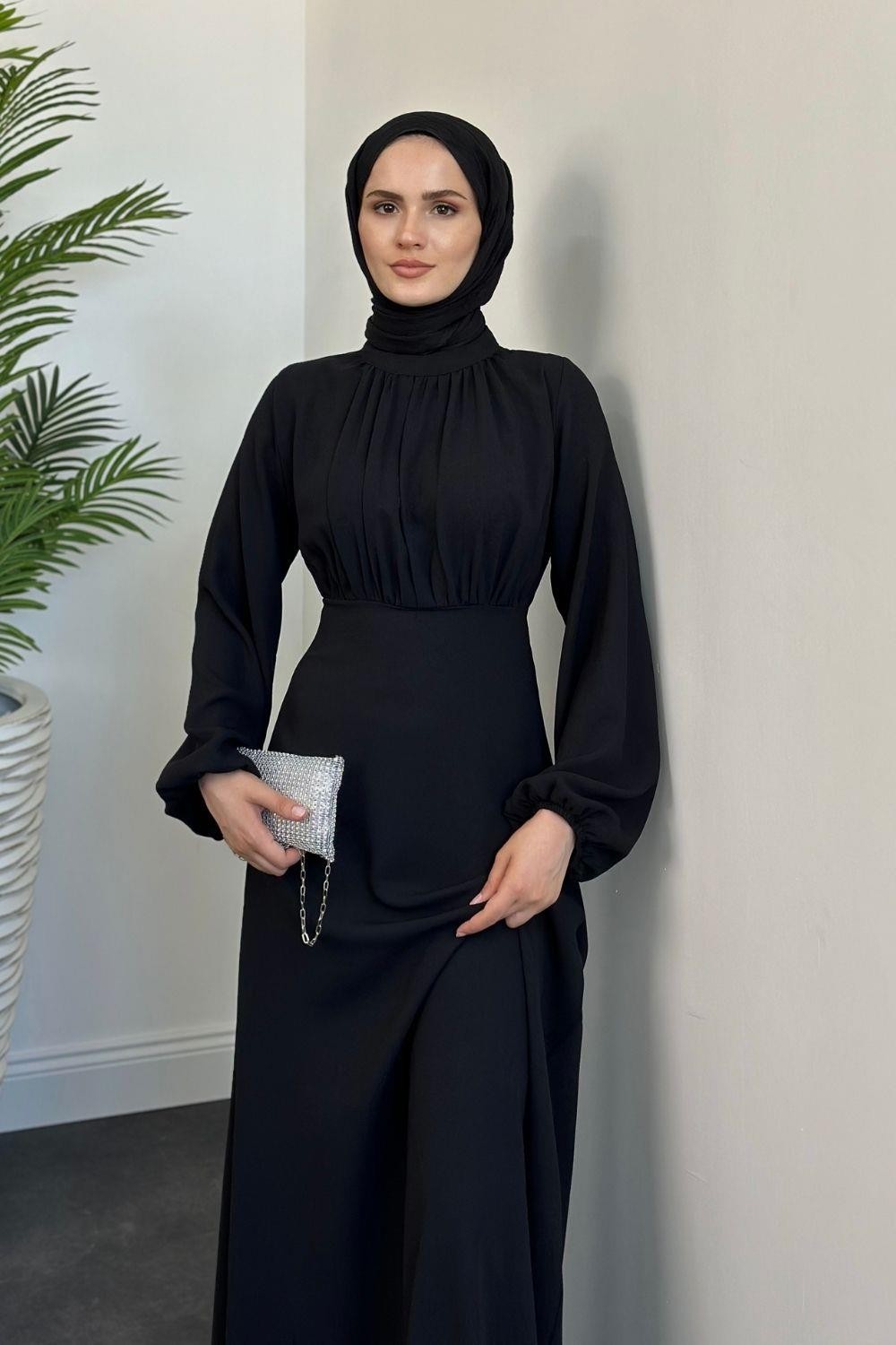 Frencesca Üstü Drape Kloş Krep Elbise Siyah