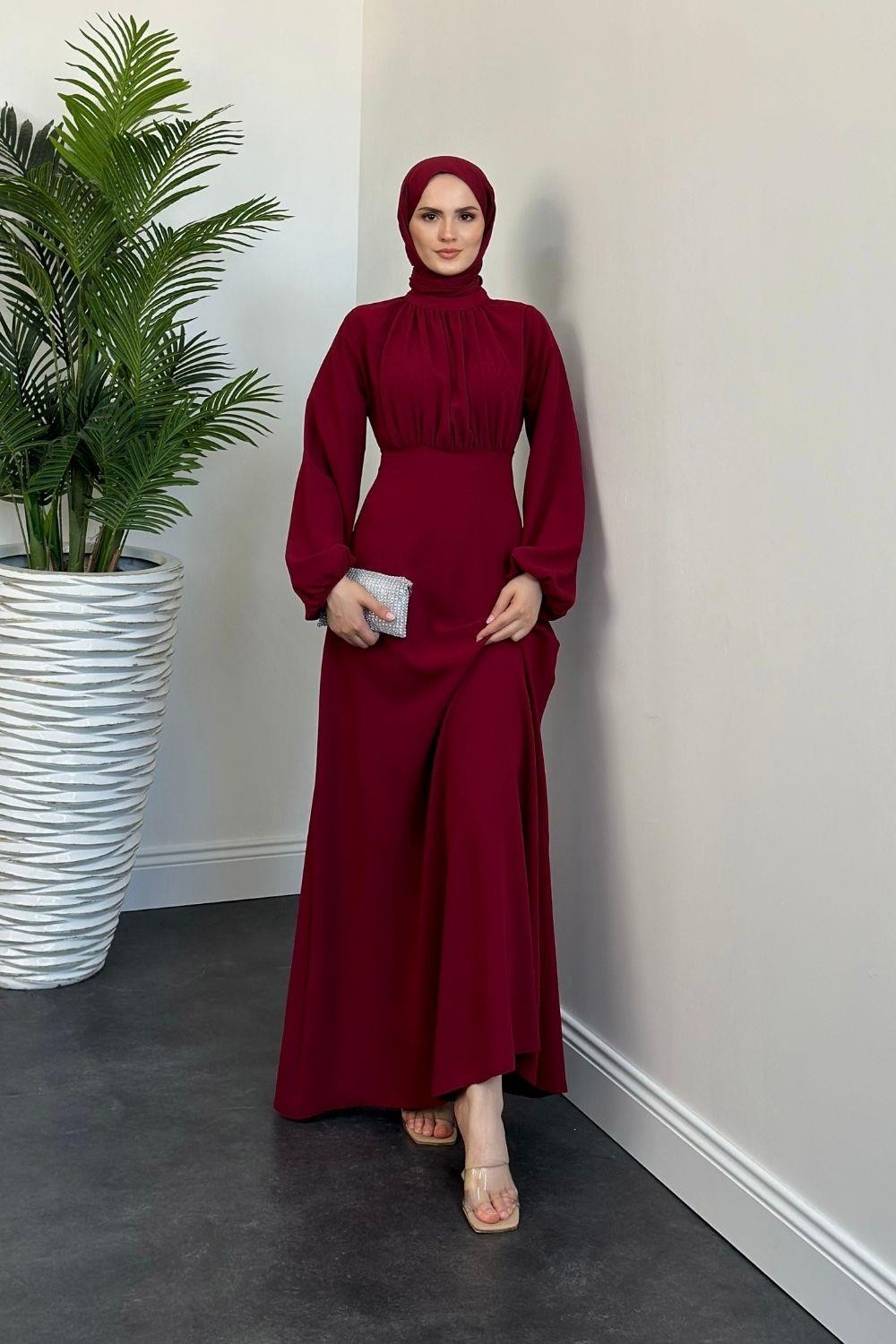 Frencesca Üstü Drape Kloş Krep Elbise Bordo