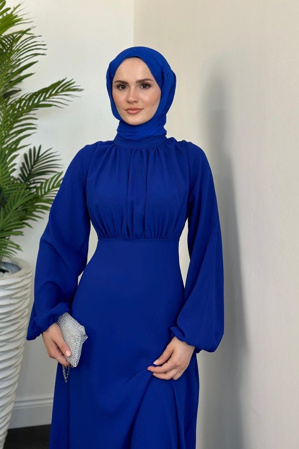Frencesca Üstü Drape Kloş Krep Elbise Sax