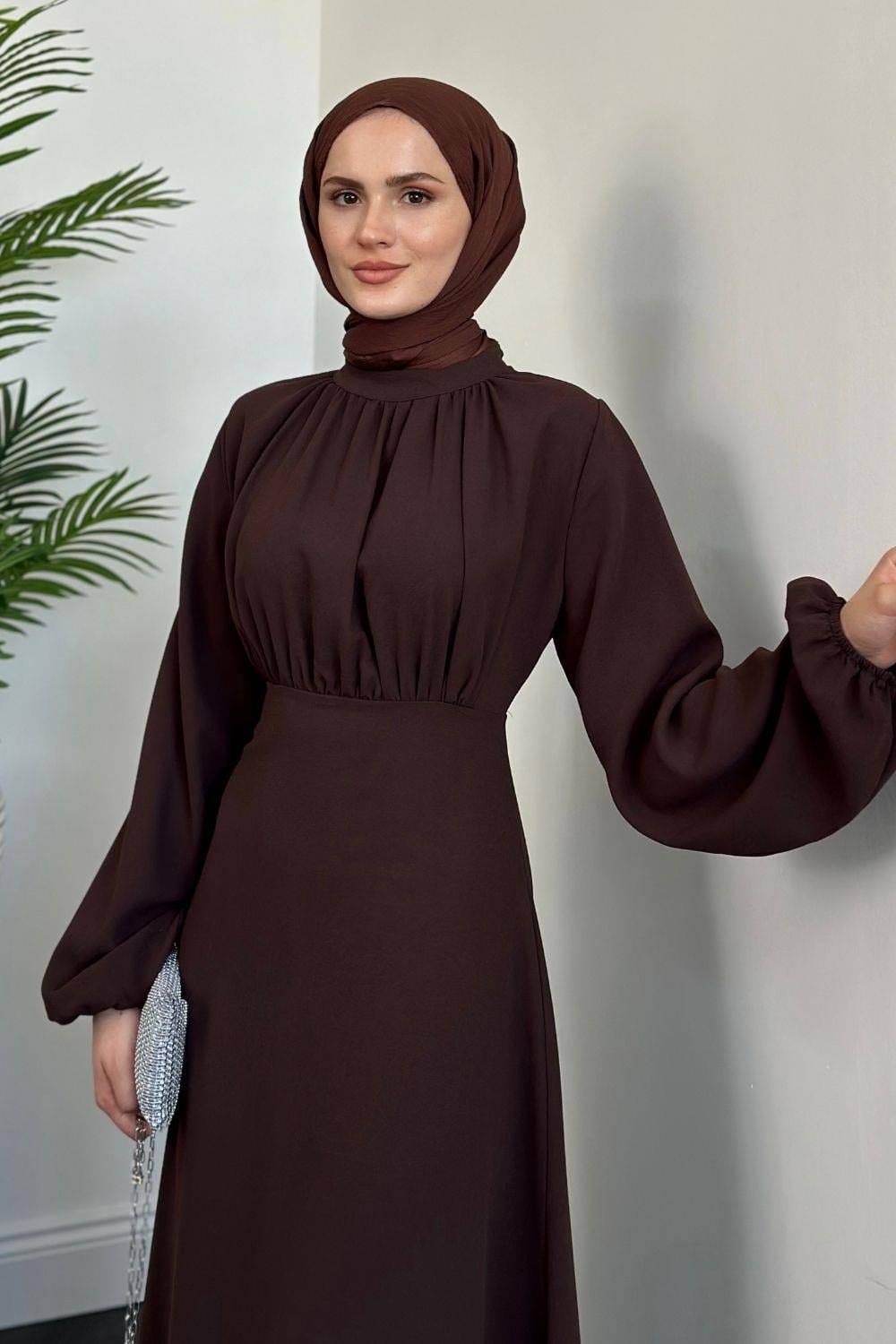 Frencesca Üstü Drape Kloş Krep Elbise Kahverengi