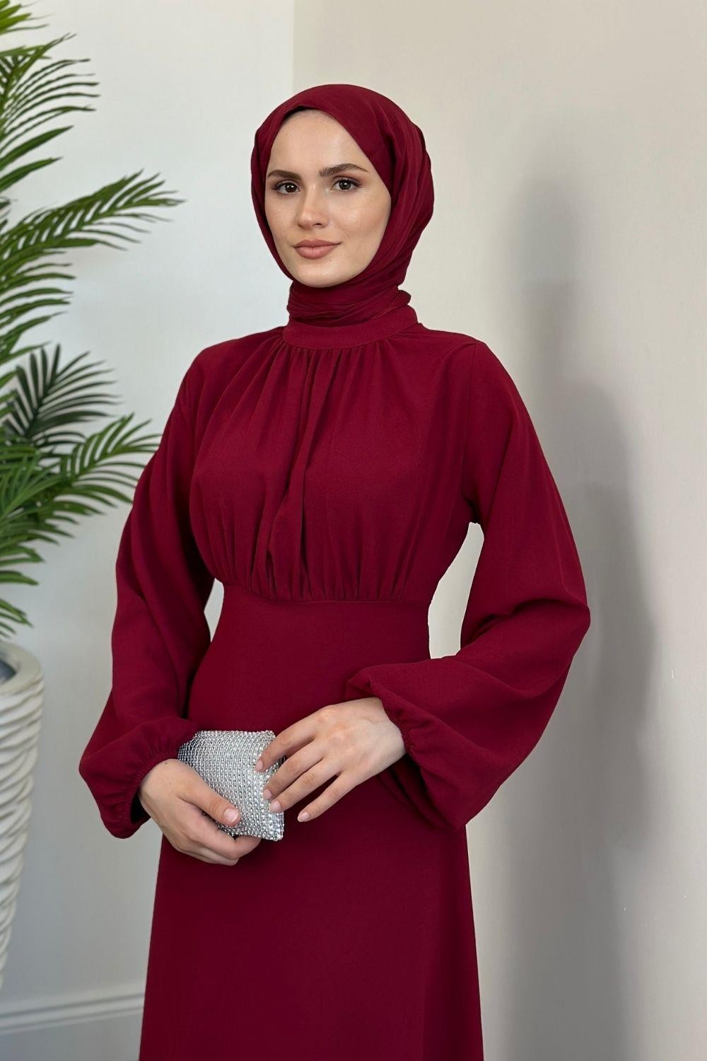Frencesca Üstü Drape Kloş Krep Elbise Bordo