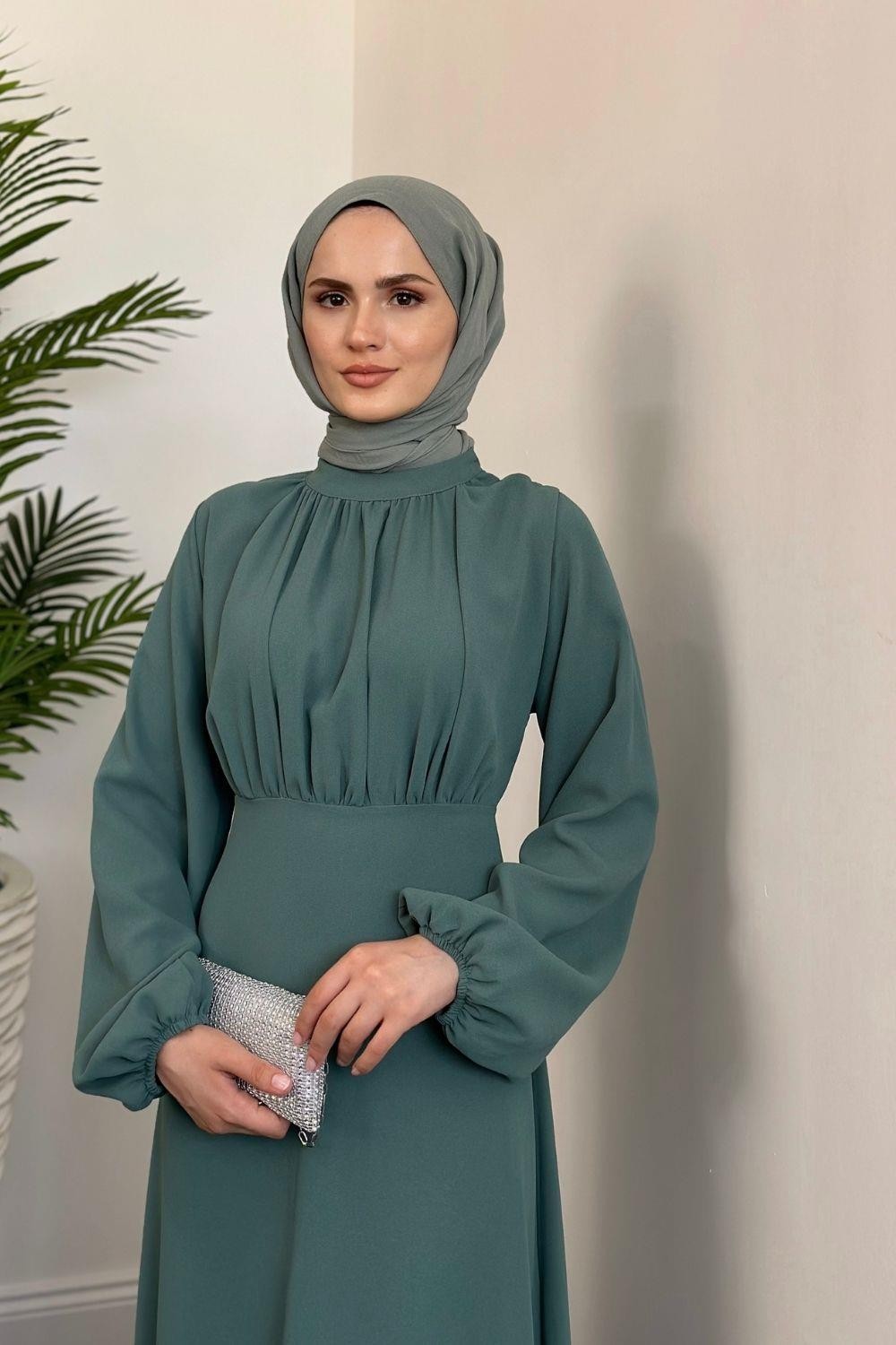 Frencesca Üstü Drape Kloş Krep Elbise Su Yeşili
