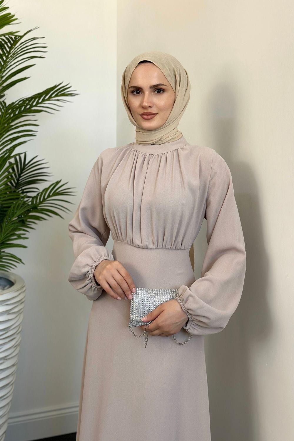 Frencesca Üstü Drape Kloş Krep Elbise Krem