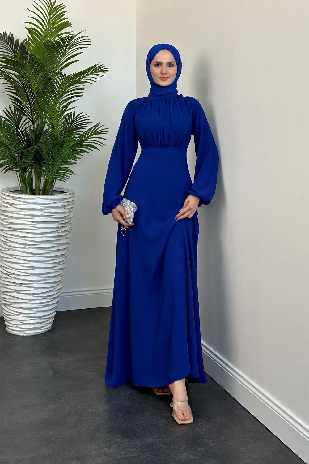 Frencesca Üstü Drape Kloş Krep Elbise Sax