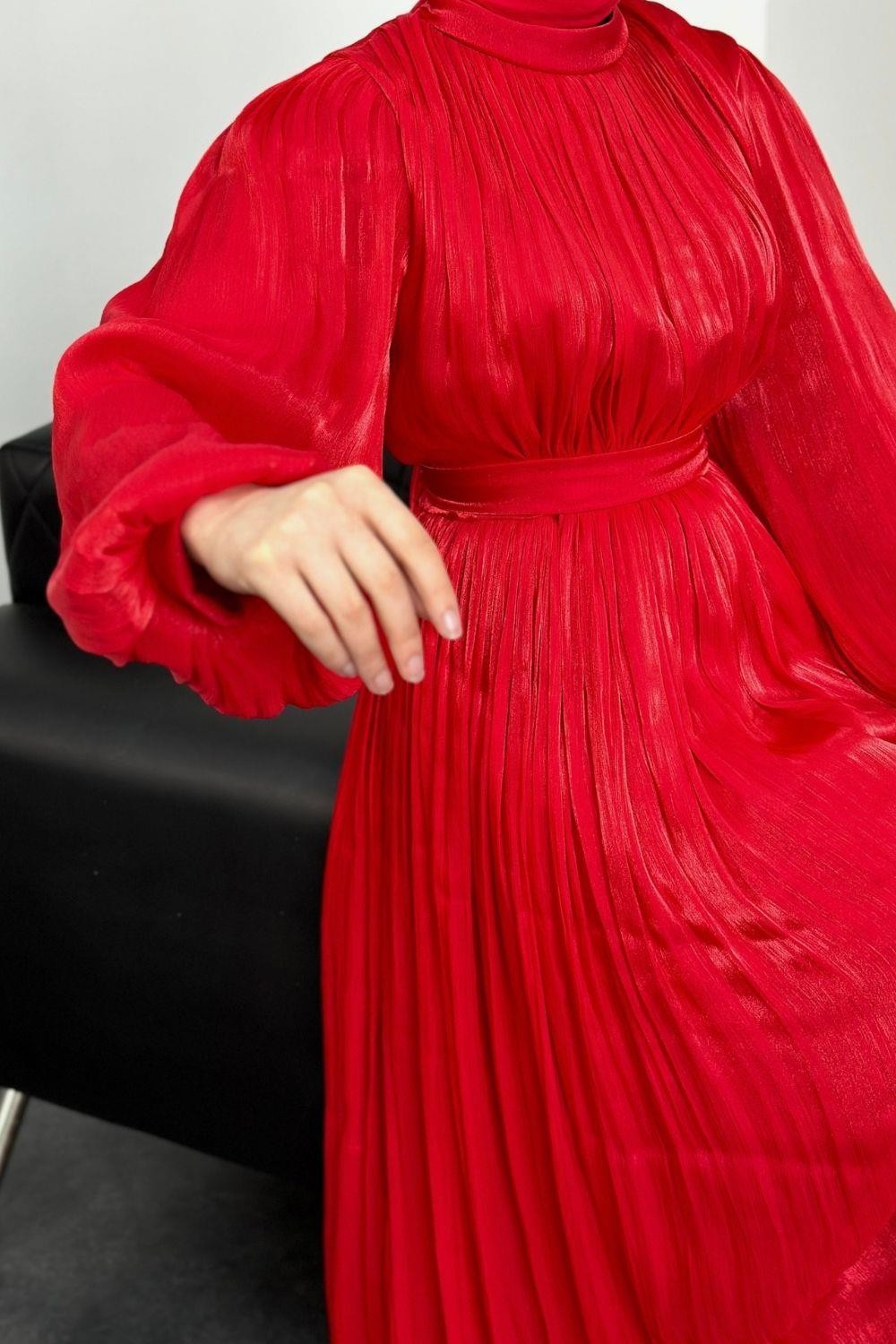 Hailey Janjan Kuşaklı Abiye Kırmızı