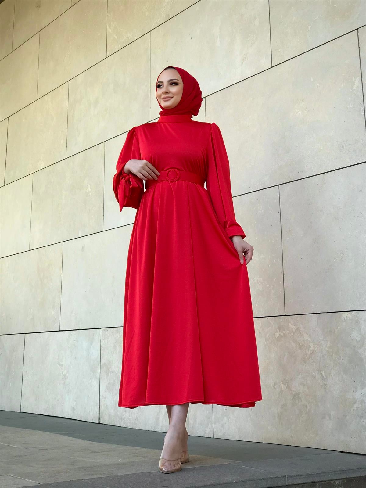 Havin Kemerli Elbise Kırmızı
