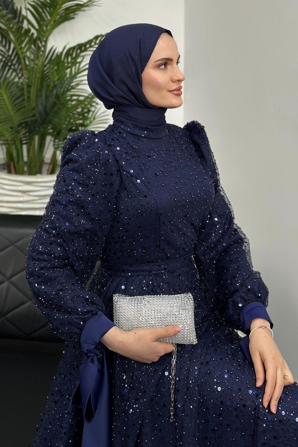 Hilly Kolları Fiyonk Saten Abiye Lacivert