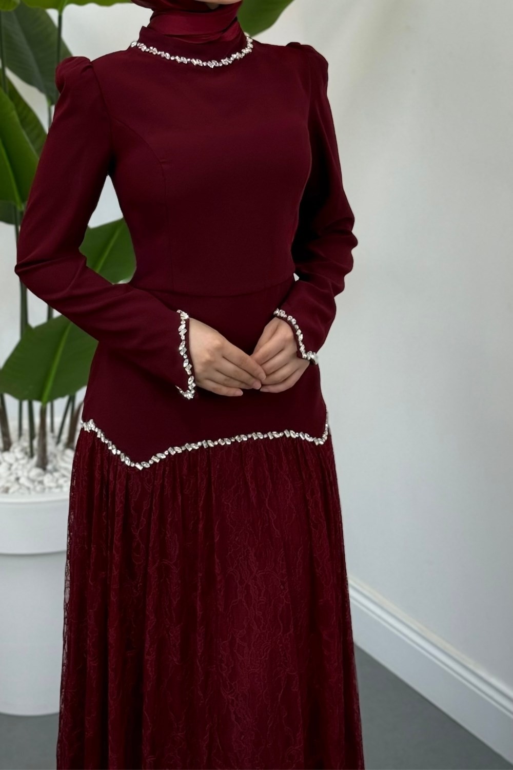 İvena Dantelli Taşlı Abiye Bordo 