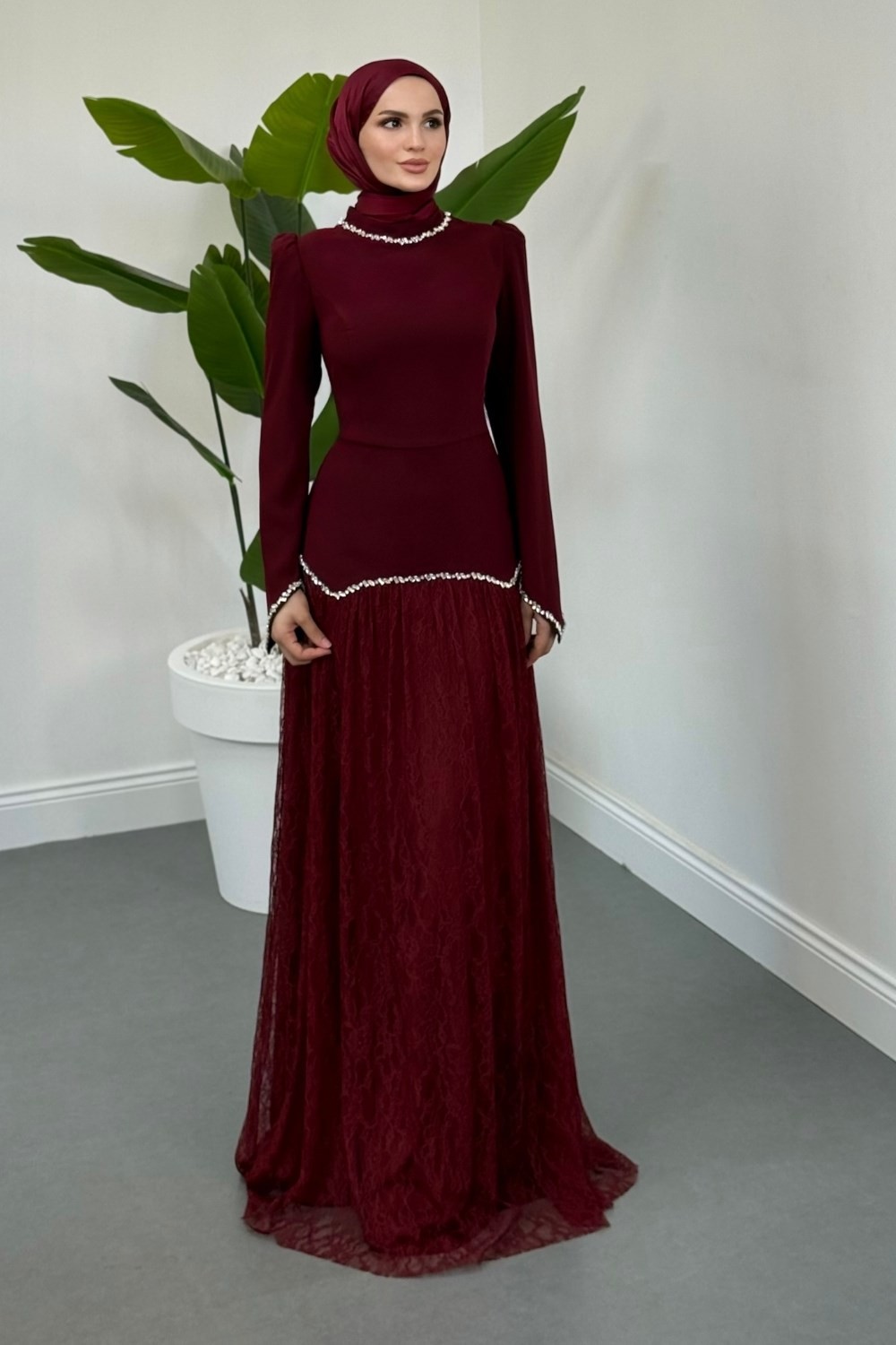İvena Dantelli Taşlı Abiye Bordo 