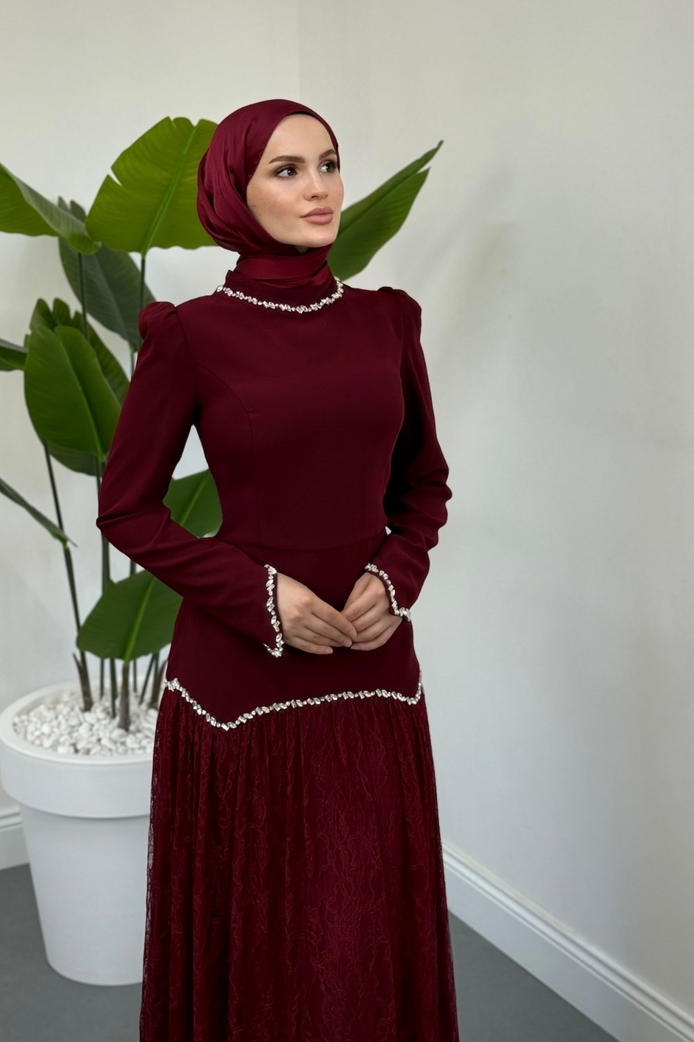 İvena Dantelli Taşlı Abiye Bordo 