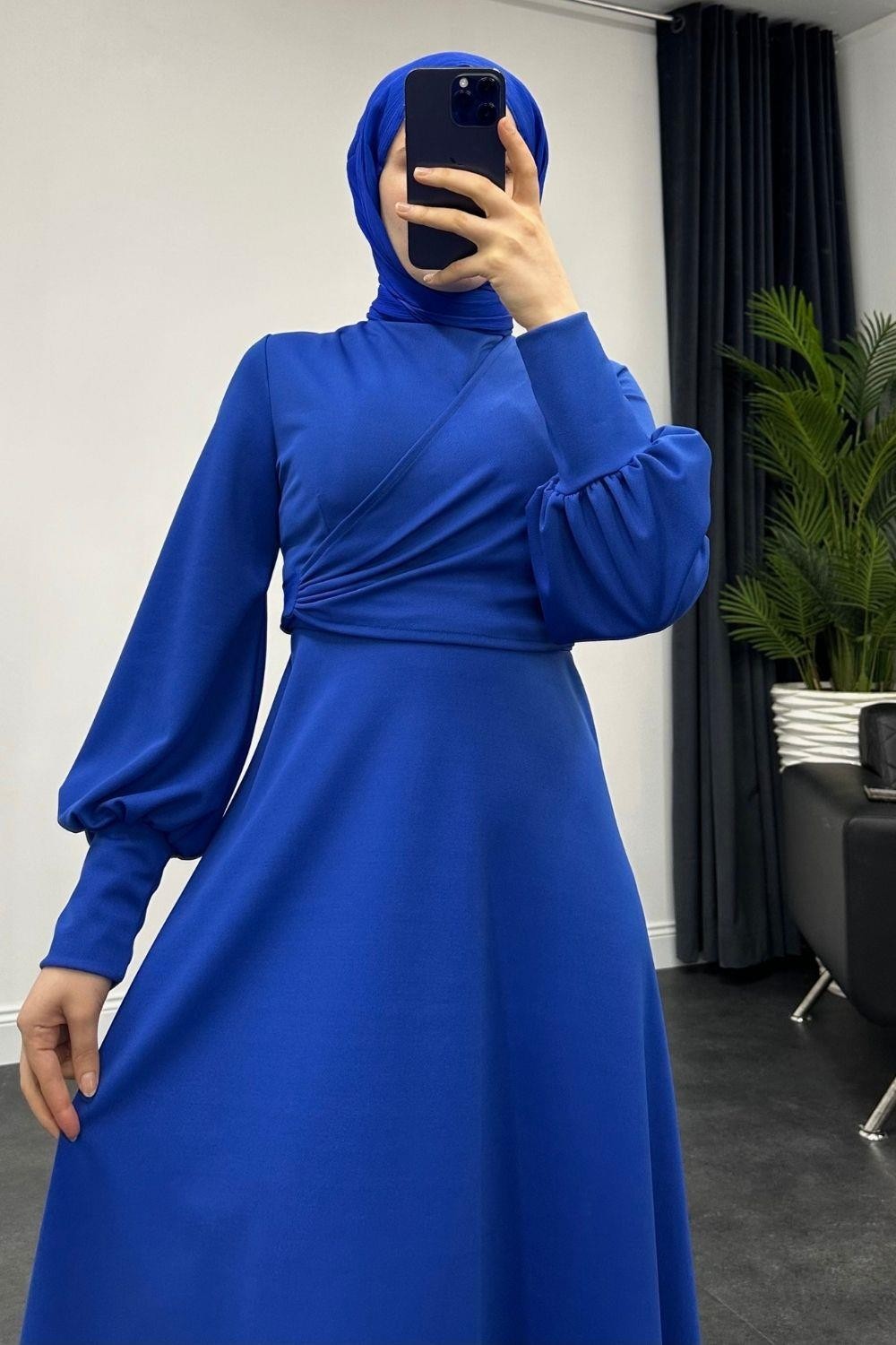 Jasmin Drapeli Elbise Saks Mavisi