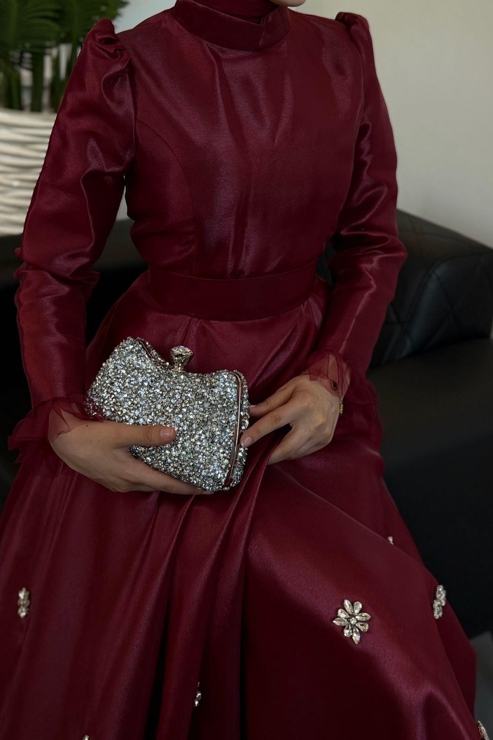 Joenne Taşlı Altı Tüylü Tafta Abiye Bordo