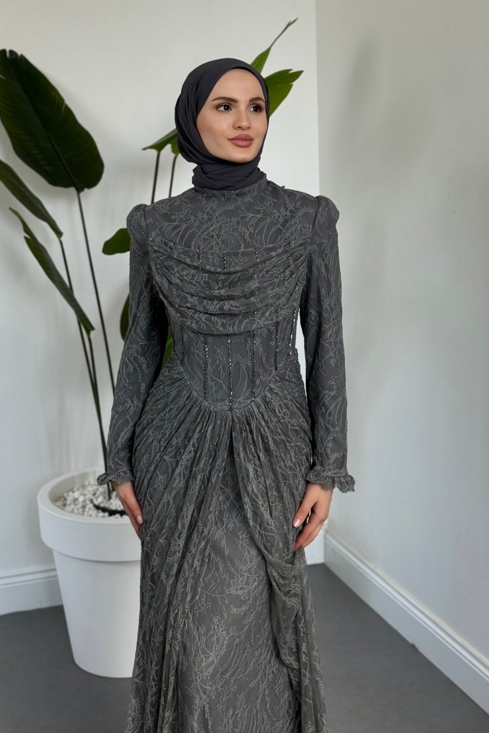 Juliet Noir Korse Detay Dantel Abiye Füme