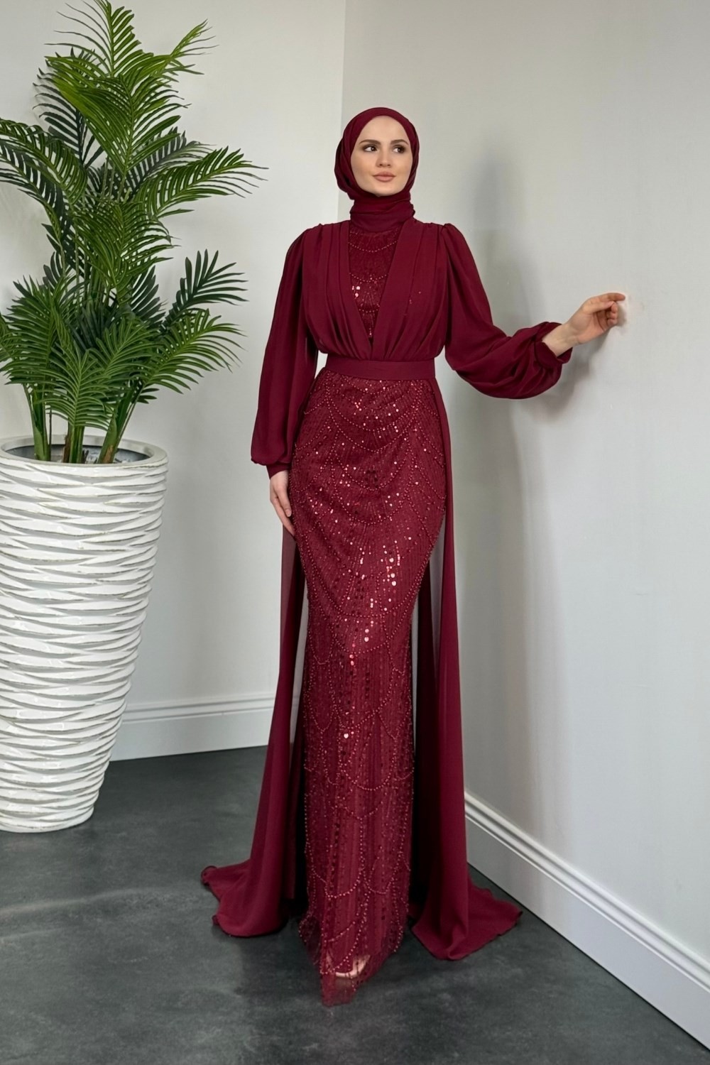 Justina Boncuklu Pelerinli Abiye Bordo 
