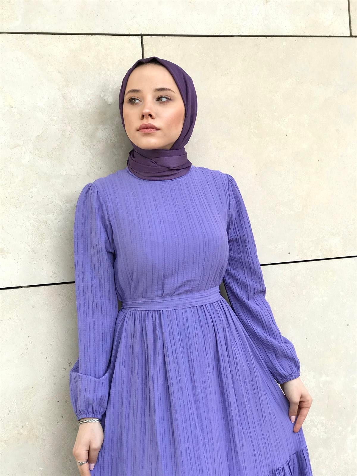 Kendinden Çizgili Maxi Elbise Lila