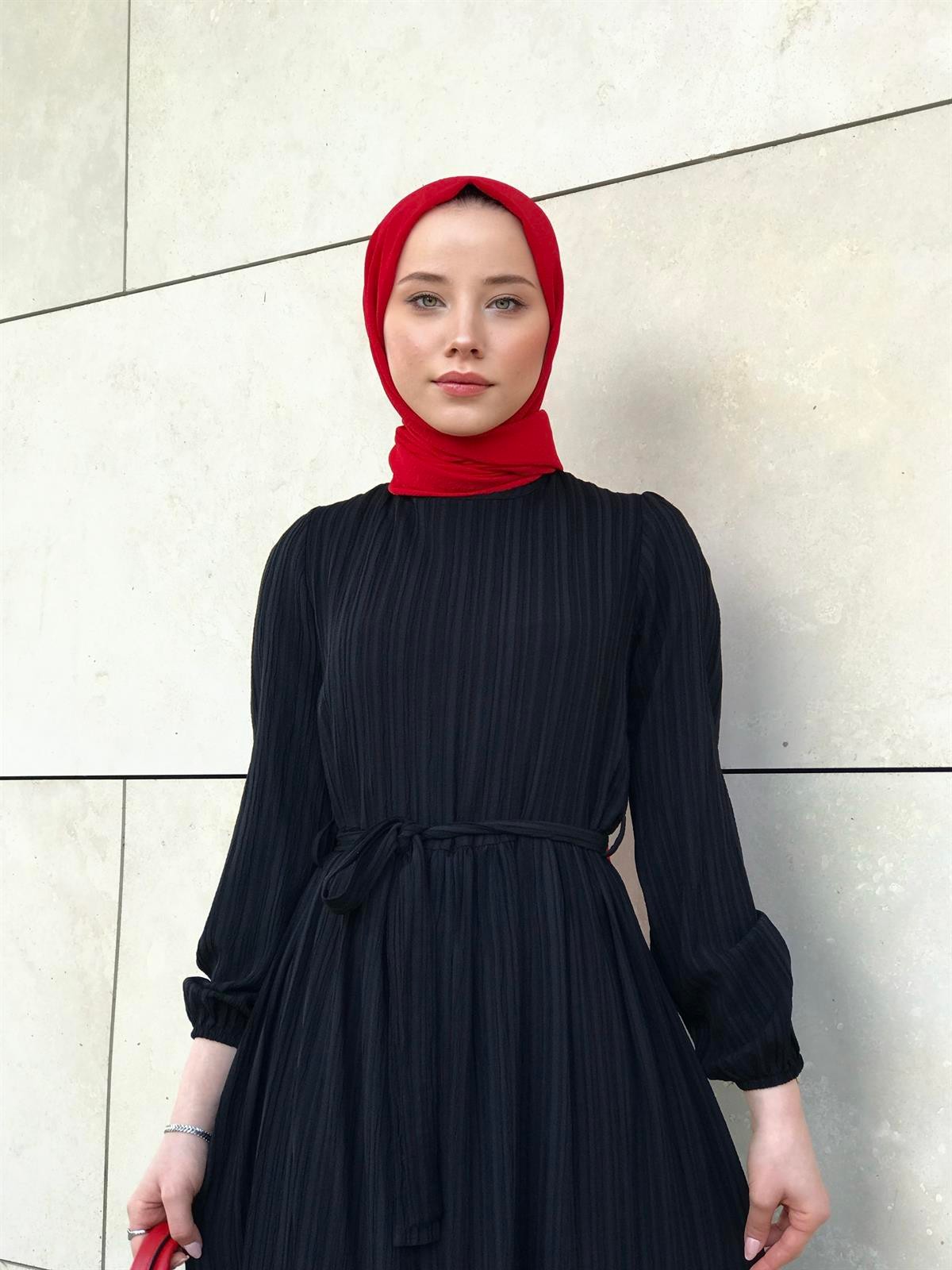 Kendinden Çizgili Maxi Elbise Siyah