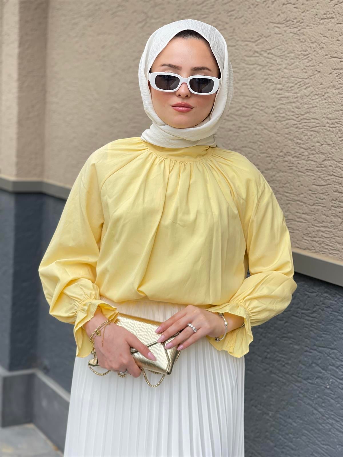 Kolu Lastikli Poplin Tesettür Tunik  Sarı