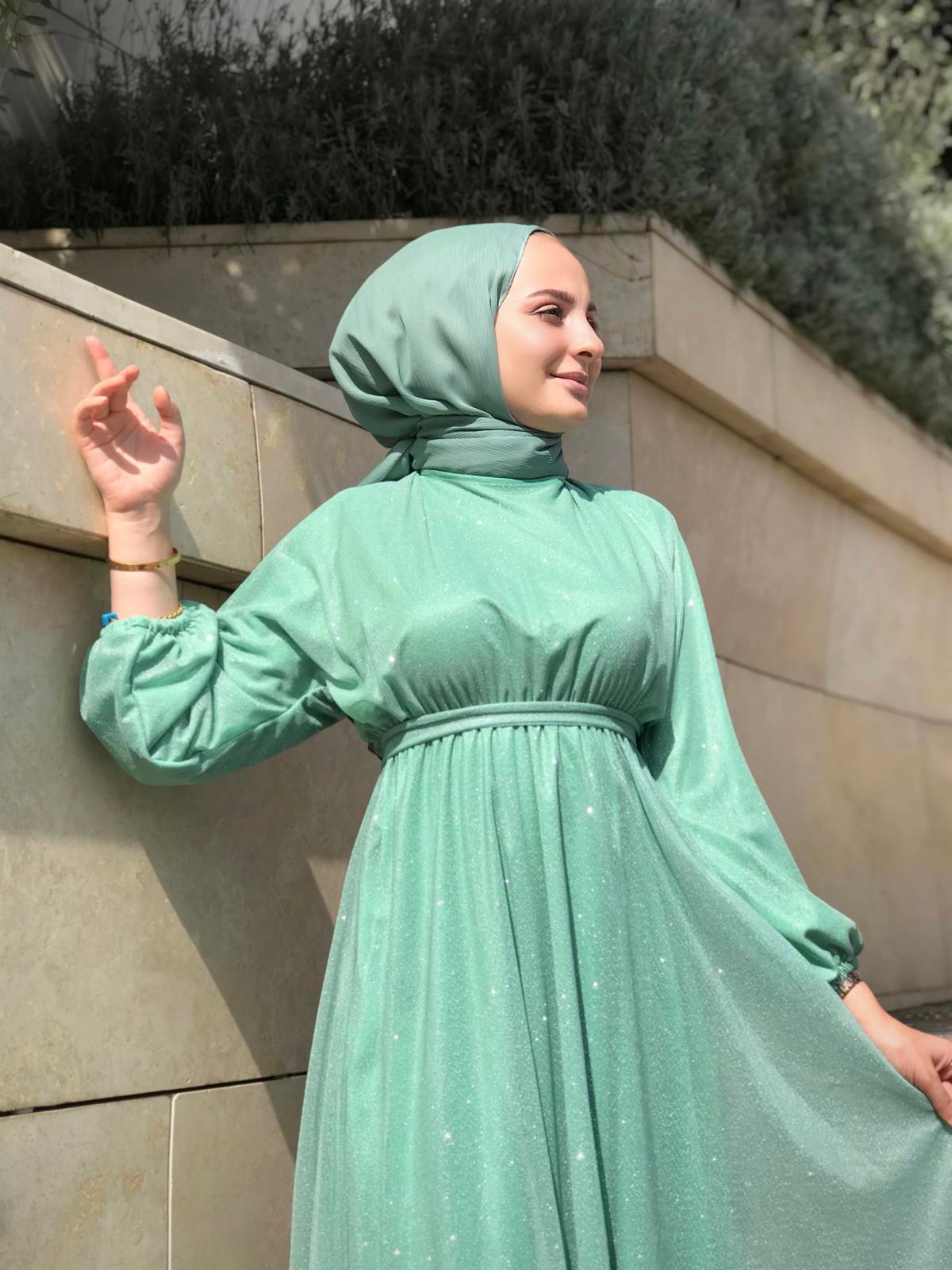 Kuşak Detaylı Shine Abiye Mint