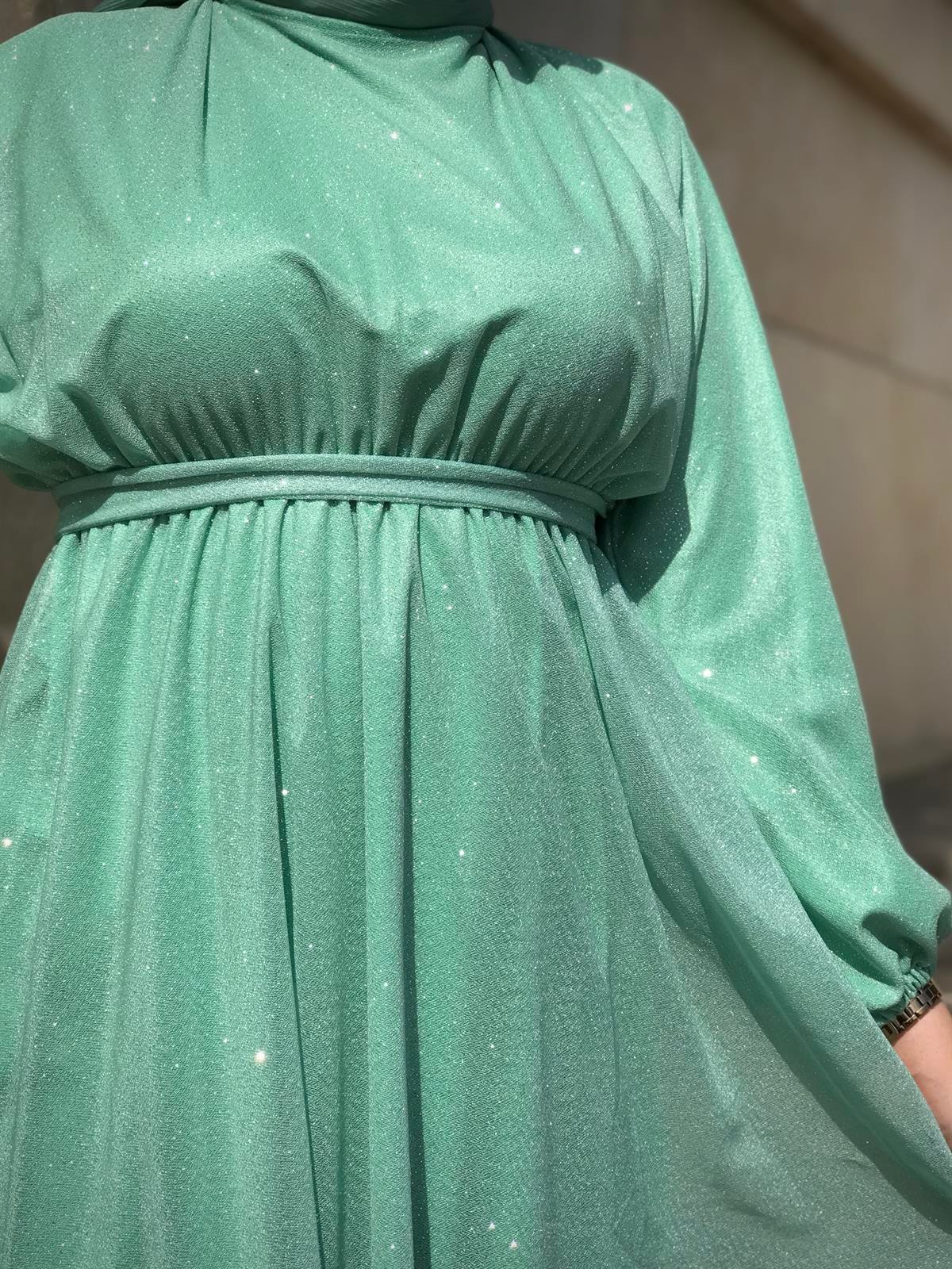 Kuşak Detaylı Shine Abiye Mint