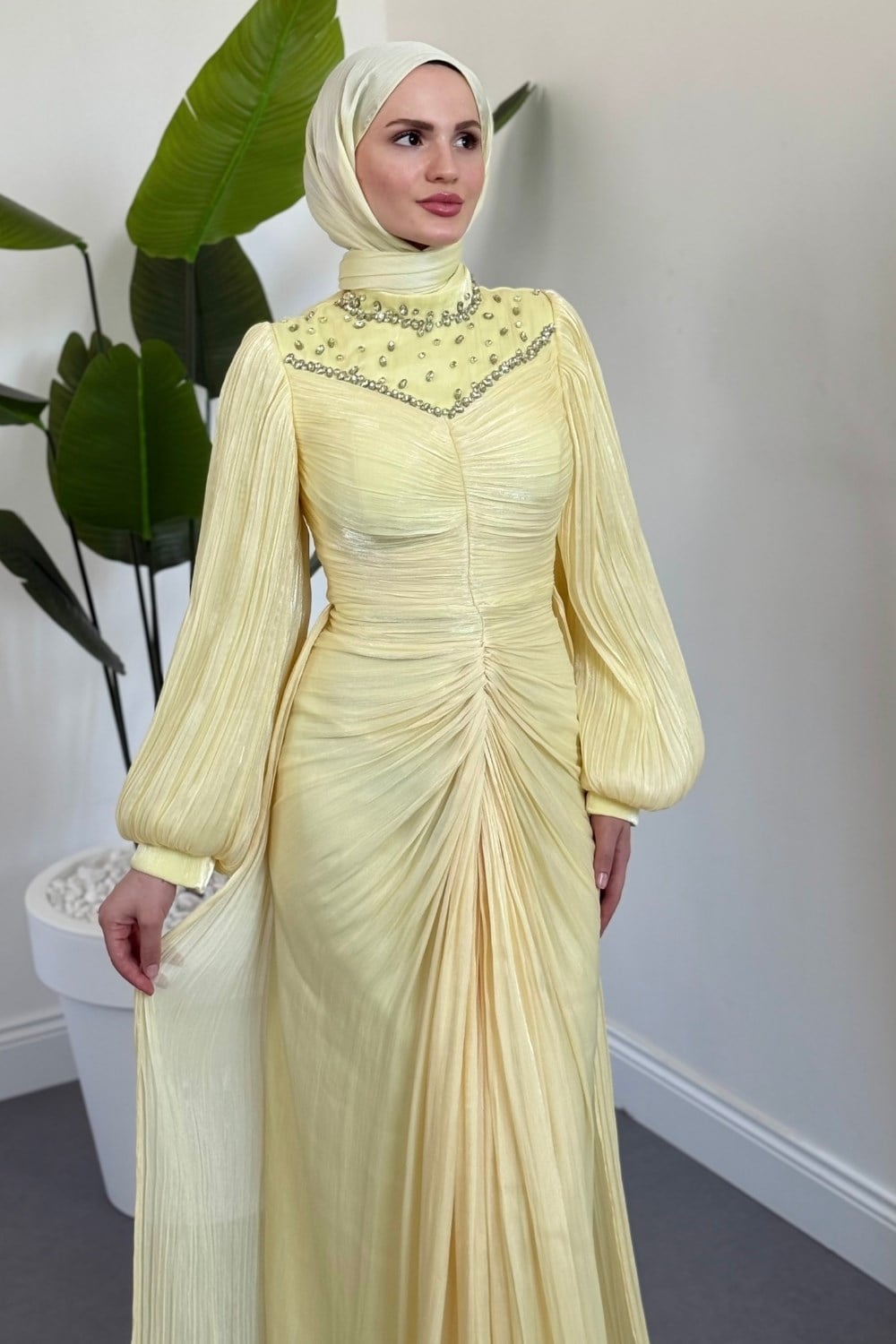 Lante Drapeli Büzgülü Jan Jan Abiye Butter Yellow