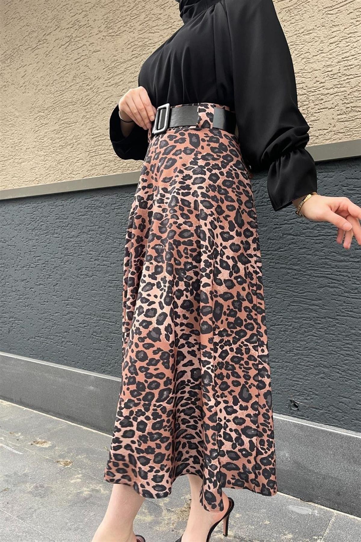 Leopar Desenli Kemerli Etek Kahverengi
