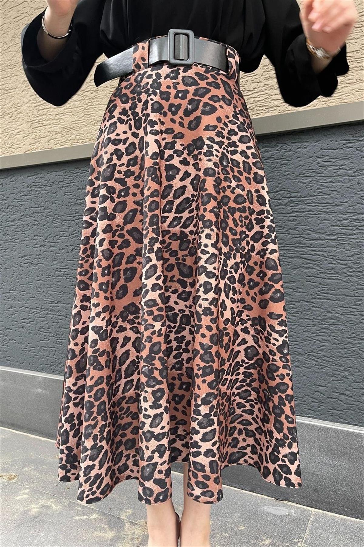 Leopar Desenli Kemerli Etek Kahverengi