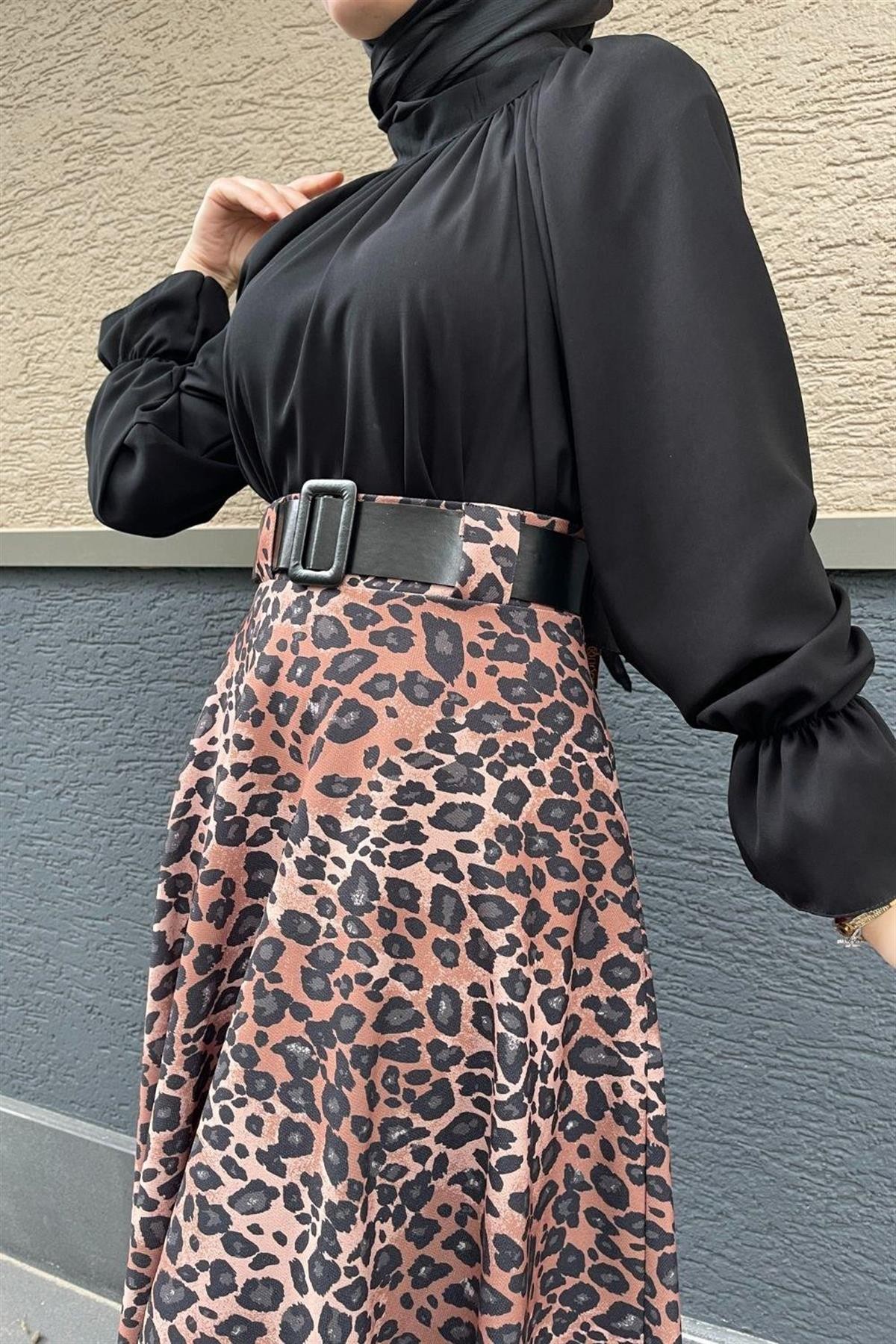 Leopar Desenli Kemerli Etek Kahverengi