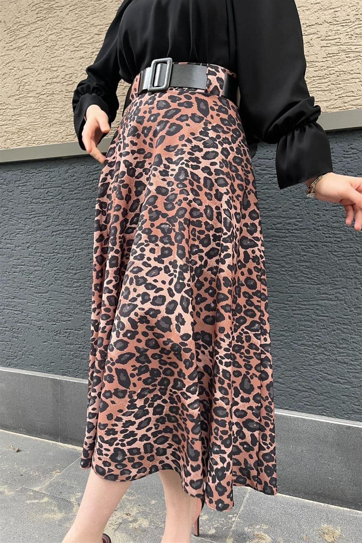 Leopar Desenli Kemerli Etek Kahverengi