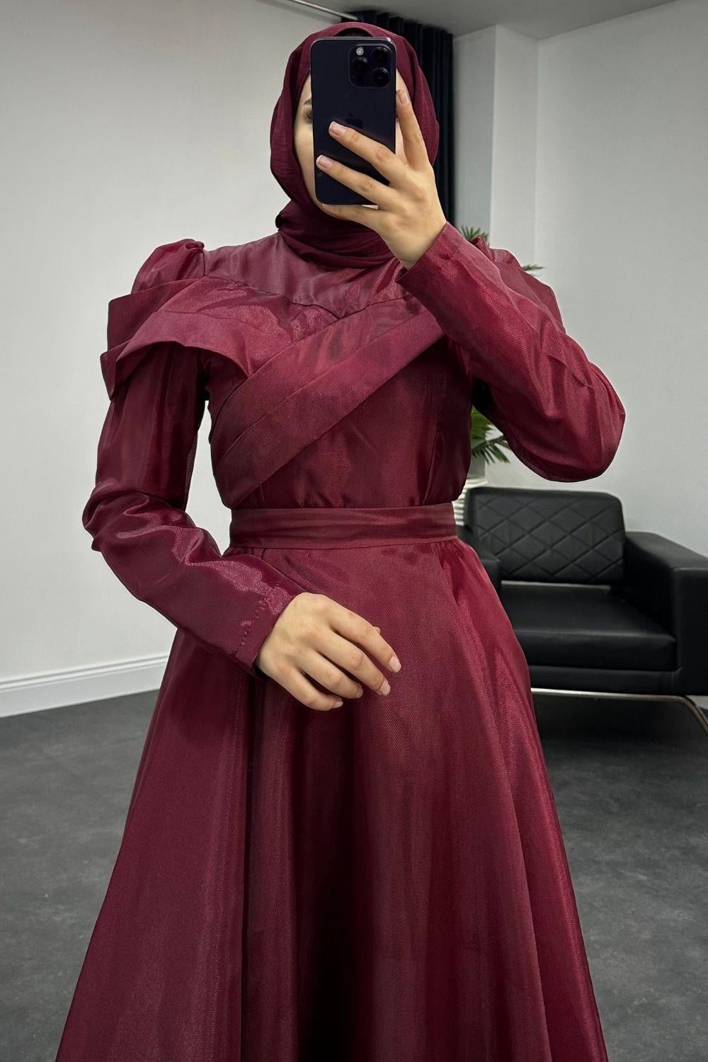 Longus Hayal Tül Abiye Bordo